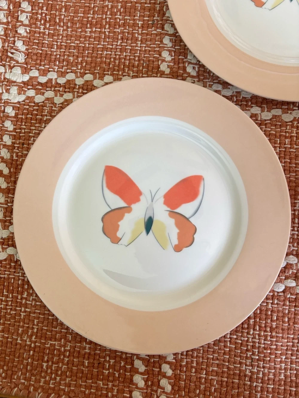 Set of 3 Lynn’s Farfalla Pink Rim Orange Butterfly Dinner Plates Size 10.5”D